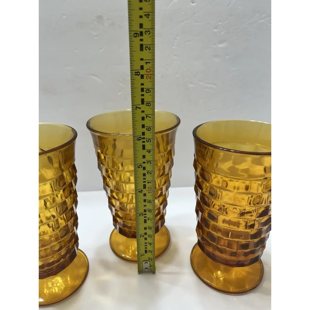 Vintage Indiana Glass Whitehall Colony Amber Cubist Pattern Set Of 3 Footed 6